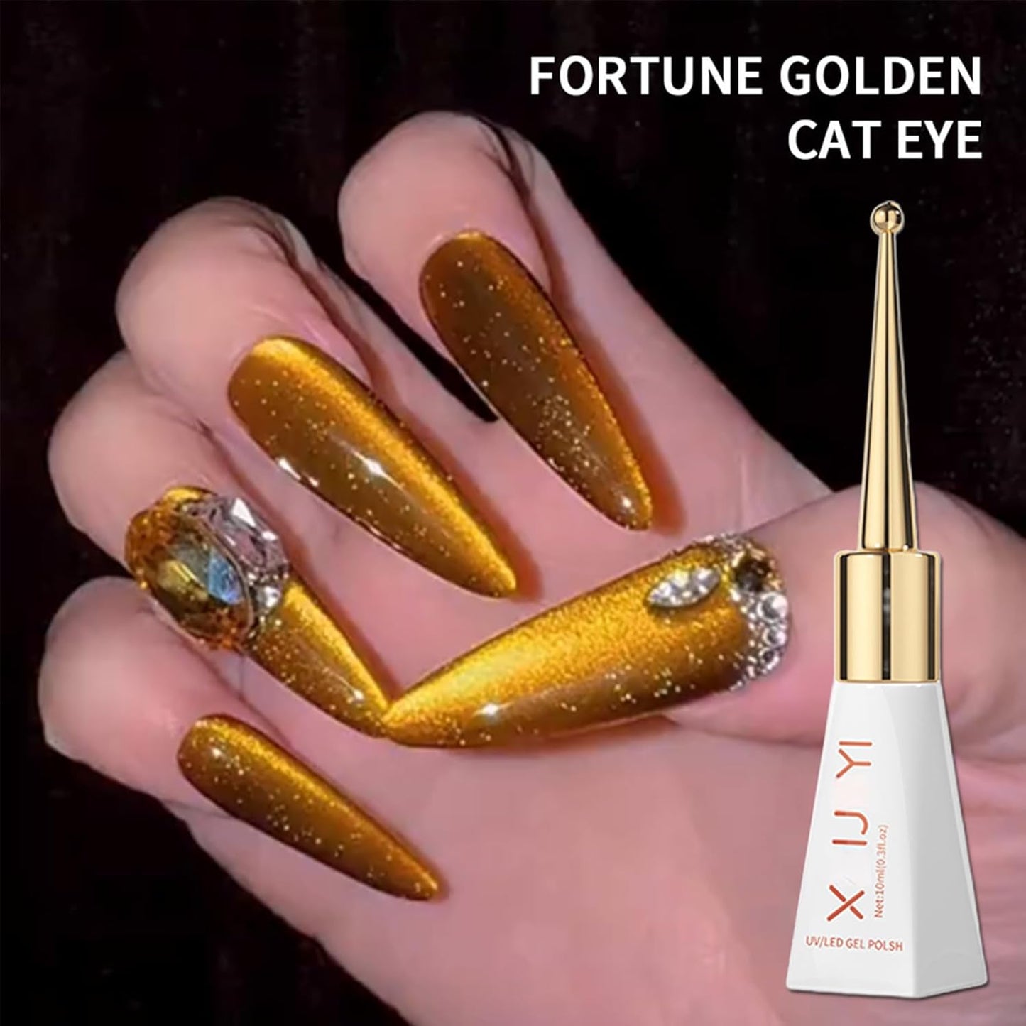 Gold Cat Eye Gel Nail Polish - Magnetic Glitter, Long Wear Shiny Reflective for Women, UV Gel Design, 10ML