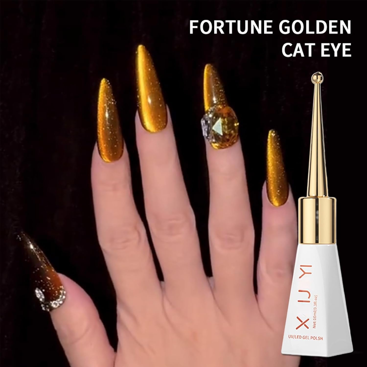 Gold Cat Eye Gel Nail Polish - Magnetic Glitter, Long Wear Shiny Reflective for Women, UV Gel Design, 10ML