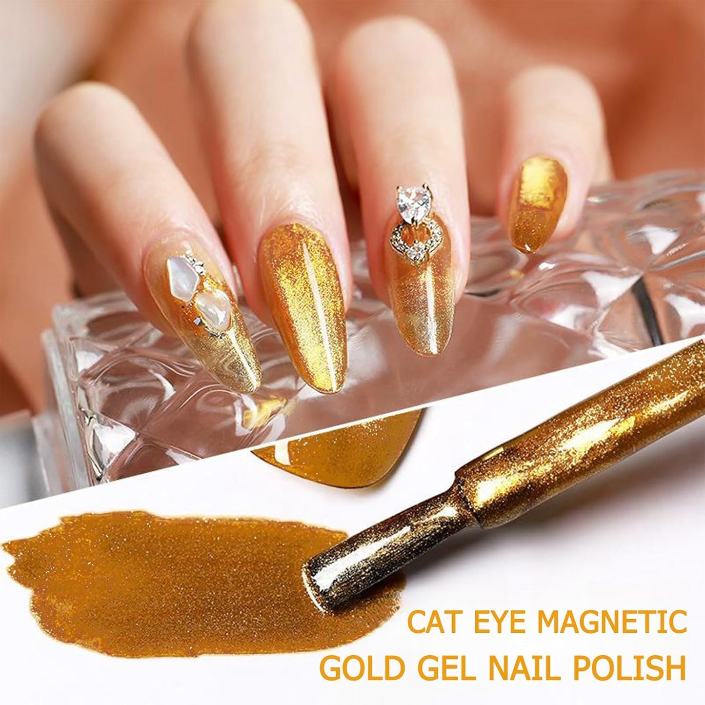 Gold Cat Eye Gel Nail Polish - Magnetic Glitter, Long Wear Shiny Reflective for Women, UV Gel Design, 10ML