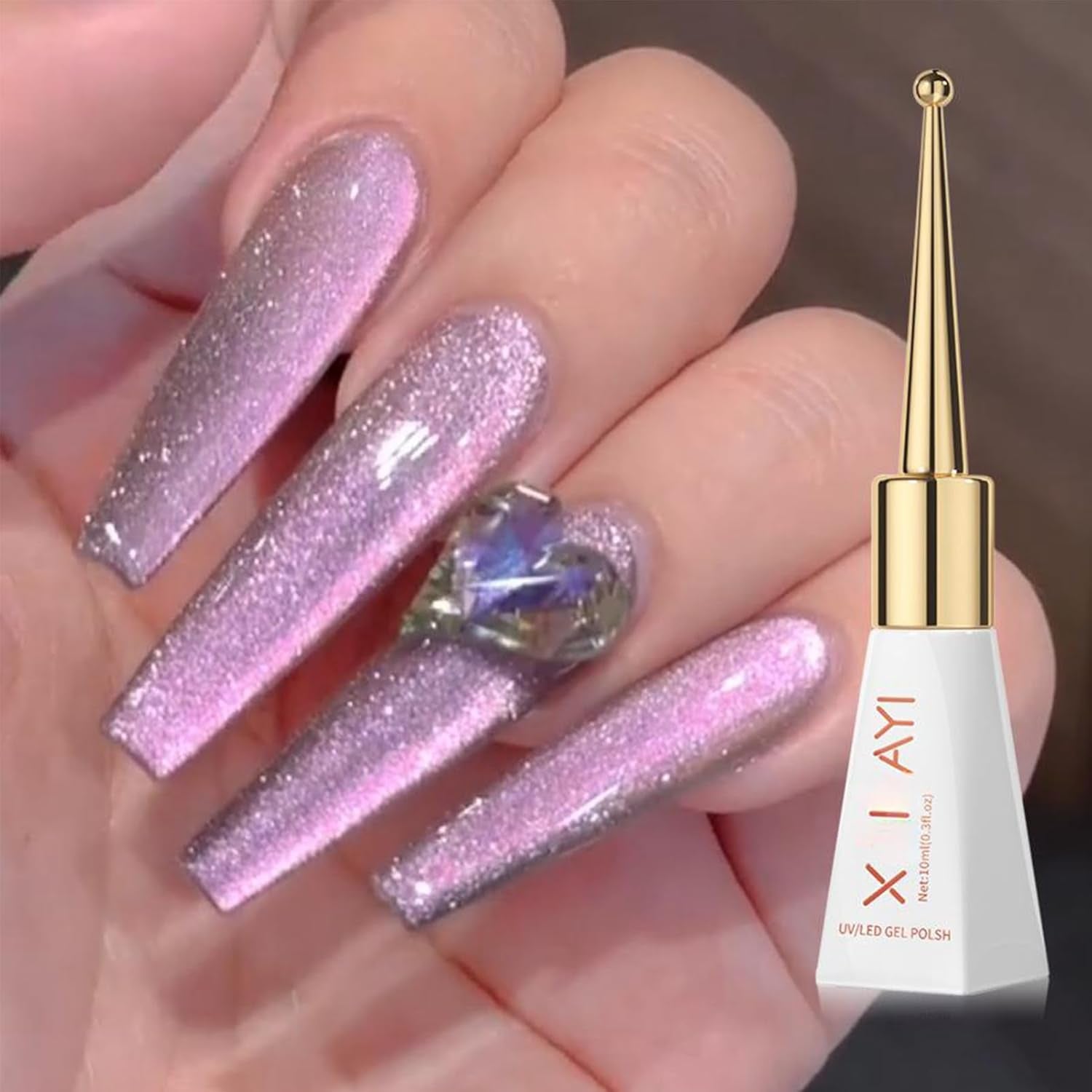 Gold Cat Eye Gel Nail Polish - Magnetic Glitter, Long Wear Shiny Reflective for Women, UV Gel Design, 10ML