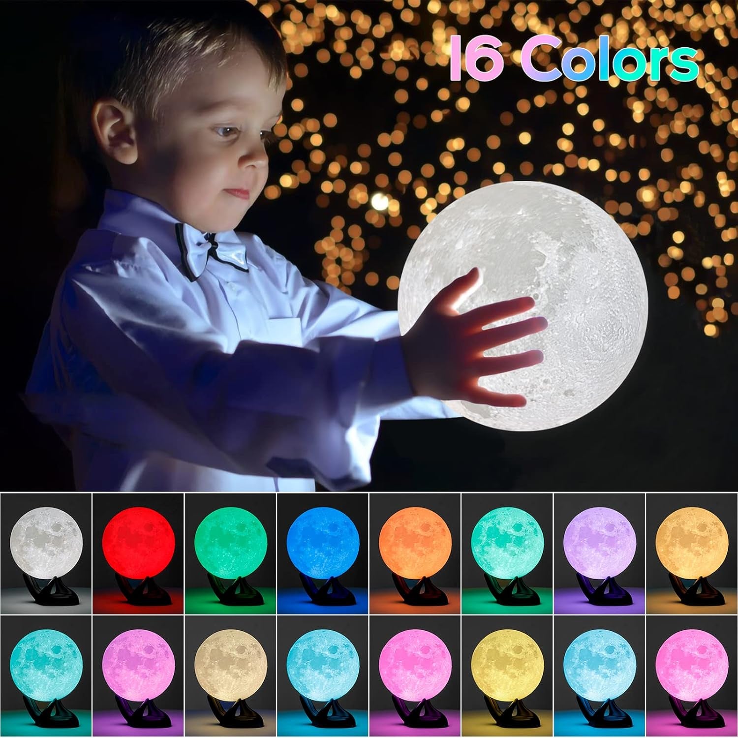 BRIGHTWORLD 5.9-Inch 3D Moon Lamp - 16 Color Night Light with Remote/Touch Control, Perfect Birthday & Mother's Day Gift for All Ages (USB Rechargeable, Black Hand Stand)