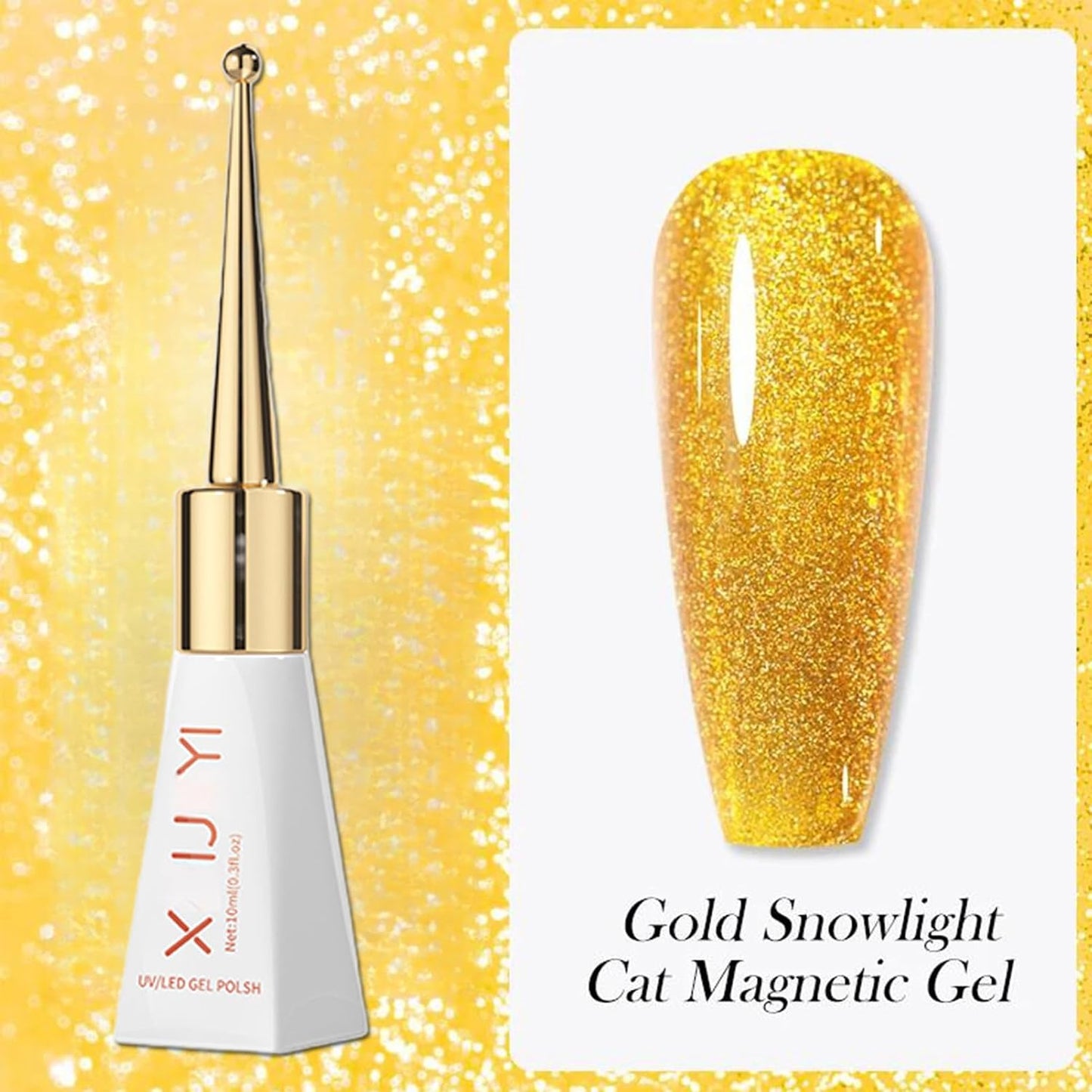 Gold Cat Eye Gel Nail Polish - Magnetic Glitter, Long Wear Shiny Reflective for Women, UV Gel Design, 10ML