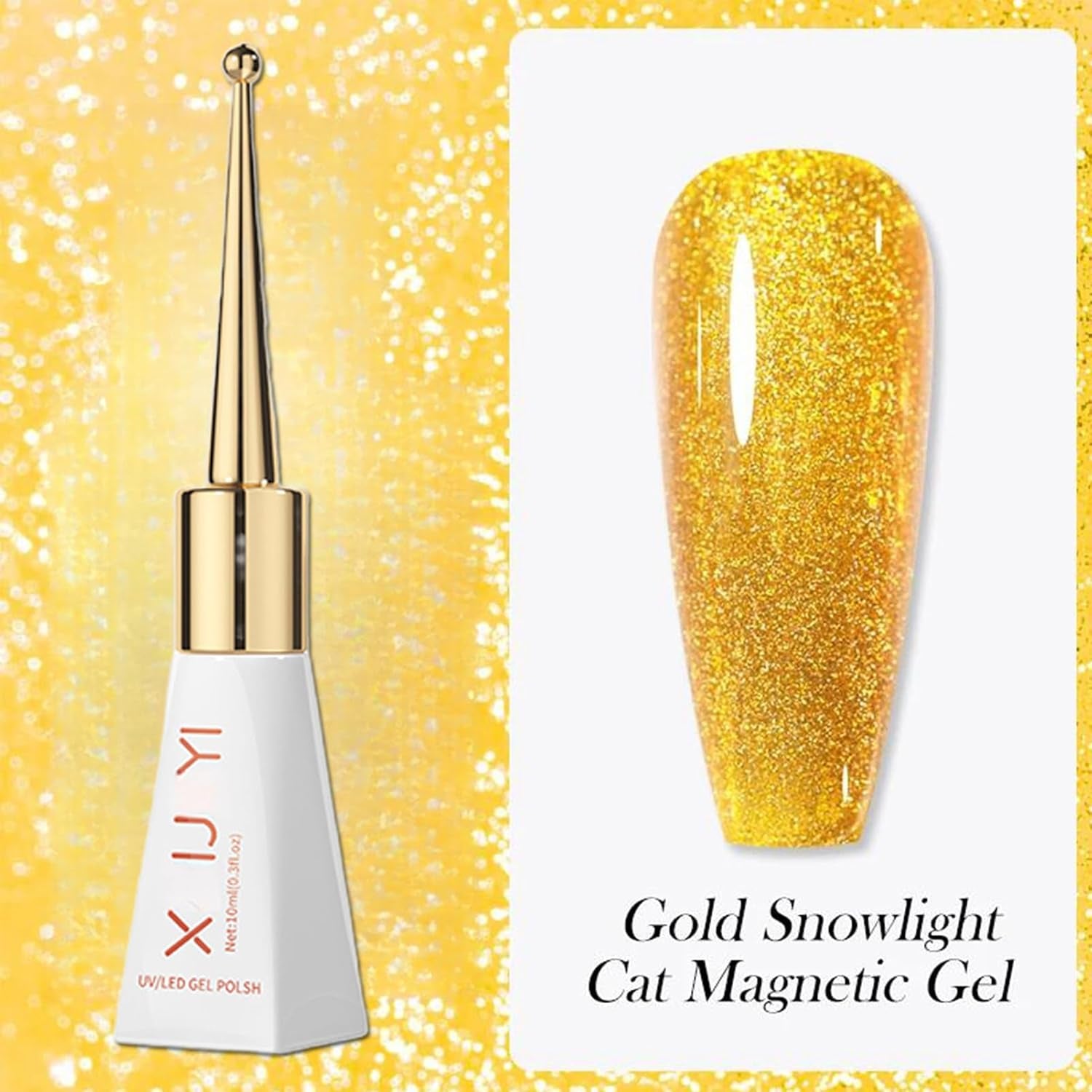 Gold Cat Eye Gel Nail Polish - Magnetic Glitter, Long Wear Shiny Reflective for Women, UV Gel Design, 10ML